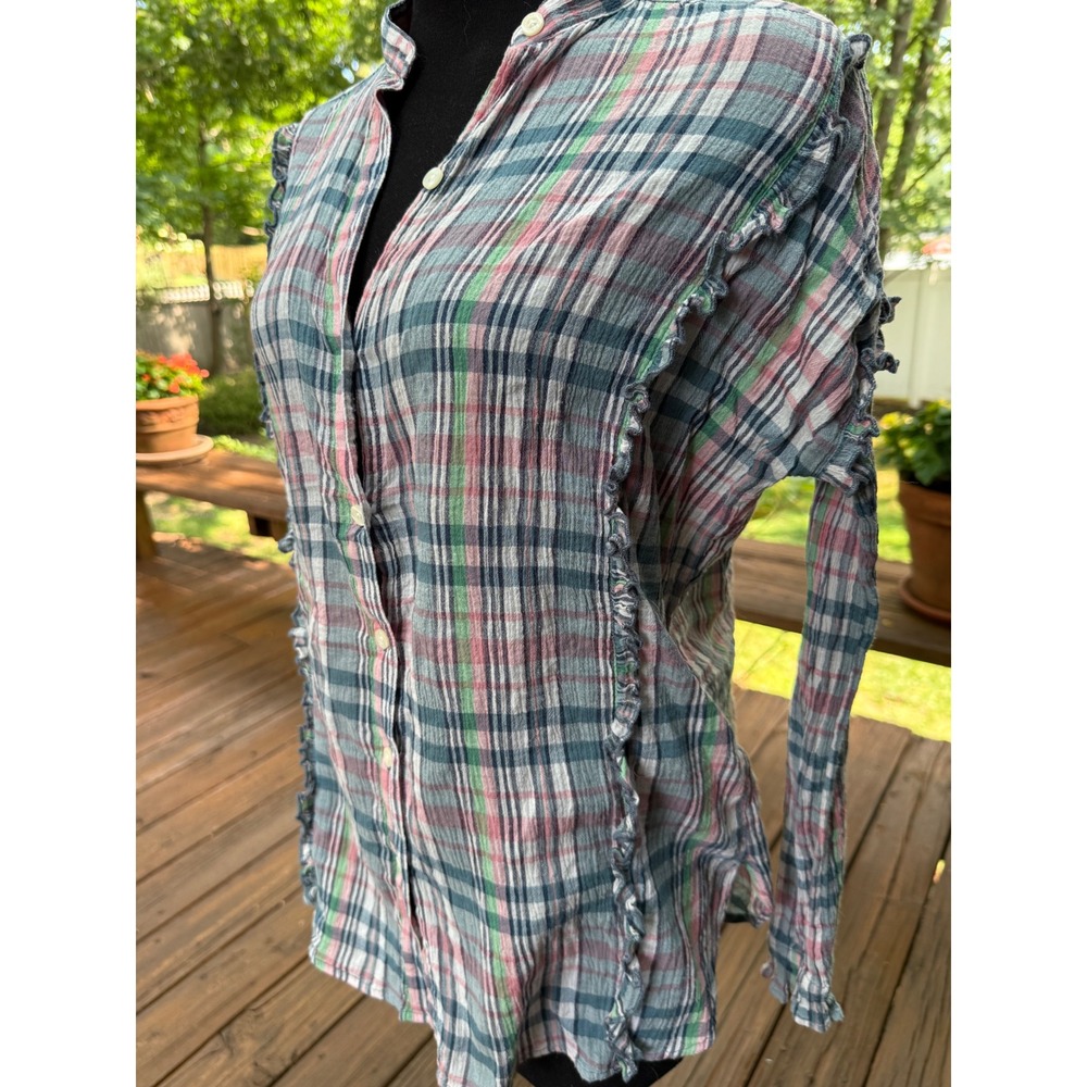 Chaps Womens Plaid Cotton Gauze Ruffle Trim Button Down Shirt Blue Green Pink S